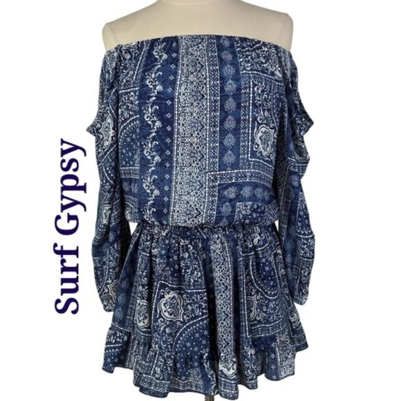❣️HP❣️NWT Surf Gypsy Blue White Cold Shoulder Floral Ruffle Mini Dress. Sz: S - Picture 1 of 13